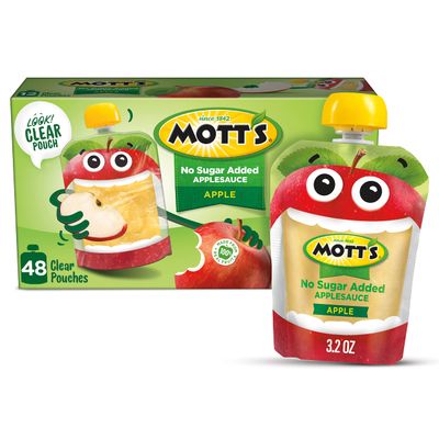 Mott&#39;s No Sugar Added Applesauce, 3.2 Oz Clear Pouches, 48 Count (4 Packs Of 12), Good Source Of Vitamin C, No Artificial Flavors