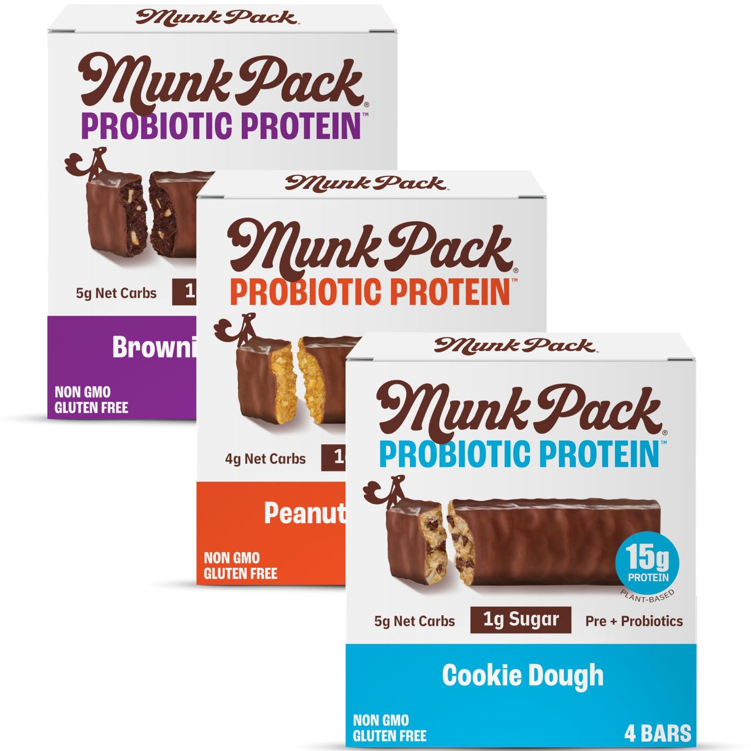 Munk Pack Probiotic Protein Bars, Variety Pack - Keto Snacks with Low Sugar, Prebiotics, 15g Protein, 5g Net Carbs - Gluten Free &amp; Diabetic Friendly - 12 Count