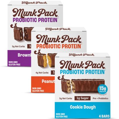 Munk Pack Probiotic Protein Bars, Variety Pack - Keto Snacks with Low Sugar, Prebiotics, 15g Protein, 5g Net Carbs - Gluten Free &amp; Diabetic Friendly - 12 Count