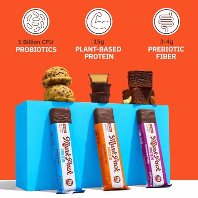 Munk Pack Probiotic Protein Bars, Variety Pack - Keto Snacks with Low Sugar, Prebiotics, 15g Protein, 5g Net Carbs - Gluten Free & Diabetic Friendly - 12 Count