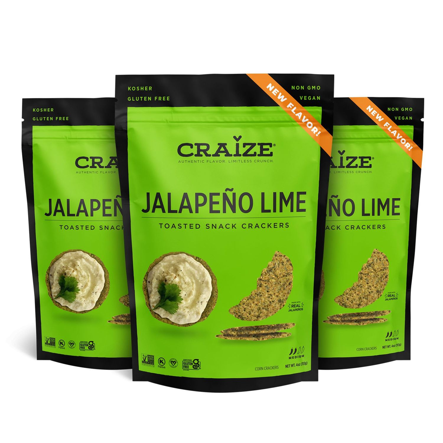 Craize NEW FLAVOR JalapeÃƒÂ±o Lime Crisps | Gluten Free, Vegan, Kosher, Toasted Corn Crackers | 3 pack, 4 oz each