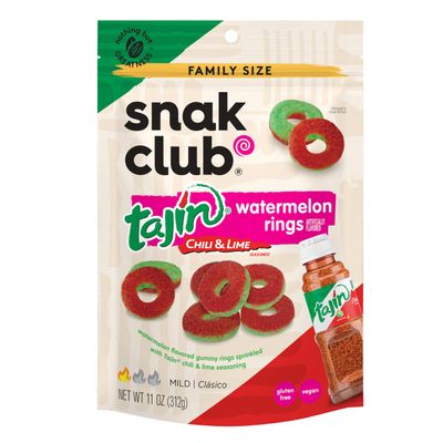 Snak Club Watermelon Rings, Tajin Chili &amp; Lime Seasoned, Sweet and Spicy Gummy Candy, Mild in Heat Bold in Flavor, Low-Fat, Vegan, Gluten-Free Snack, Family Size, 11 Ounce