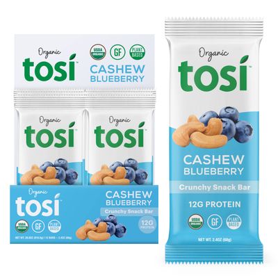 Tosi Cashew Blueberry Protein Bars, Plant Based with Nuts, Gluten-Free Crunchy Snacks, Vegan, Organic, Flax &amp; Chia Seeds, Soy-Free, Omega 3s, 12G Protein, 2.4 oz, 12-Pack