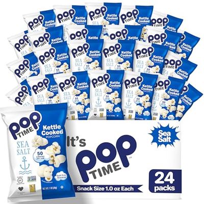 Poptime Popcorn Snacks Kettle Cooked - Sea Salt - 1 Oz Bags - 24 Count - Whole Grain, Non-GMO, Gluten-Free, Dairy-Free, Kosher - Low-Calorie Healthy Snack