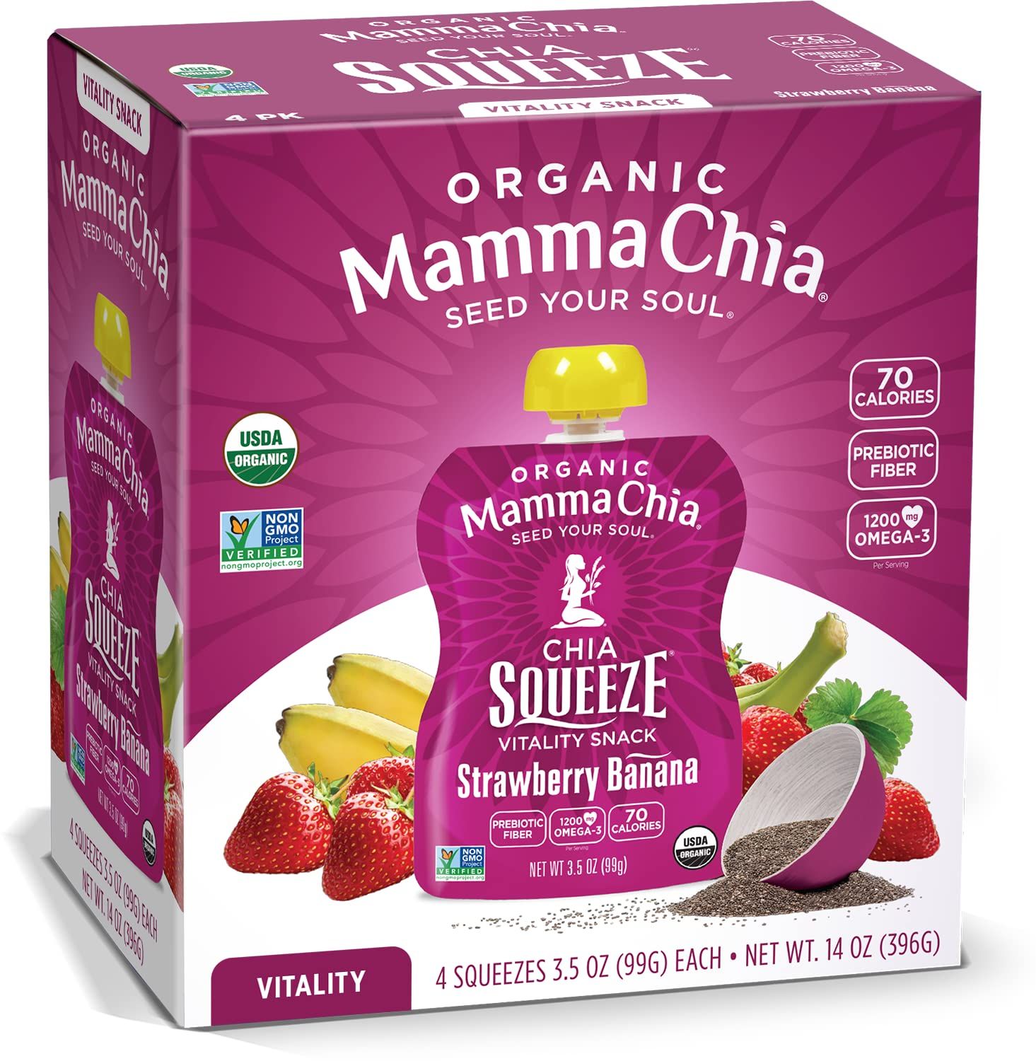 Mamma Chia Organic Vitality Squeeze Snack, Strawberry Banana, 24- 3.05 Ounce Chia Pouches. USDA Organic, Non-GMO, Vegan, Gluten Free, and Kosher. Fruit and Vegetables with only 70 Calories