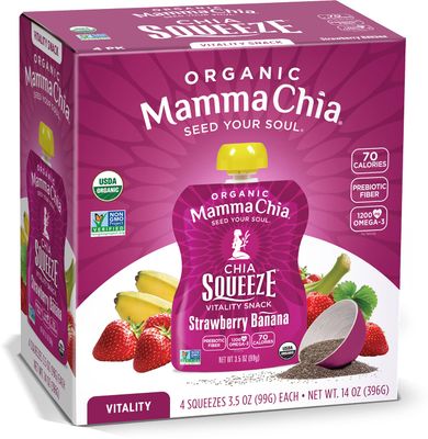 Mamma Chia Organic Vitality Squeeze Snack, Strawberry Banana, 24- 3.05 Ounce Chia Pouches. USDA Organic, Non-GMO, Vegan, Gluten Free, and Kosher. Fruit and Vegetables with only 70 Calories