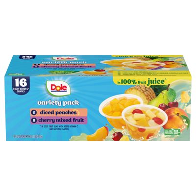 Dole Diced Peaches and Cherry Mixed Fruit in 100% Juice Variety Pack - Dole Fruit Bowls Snacks - 4 oz Fruit Bowls - 16 Pack