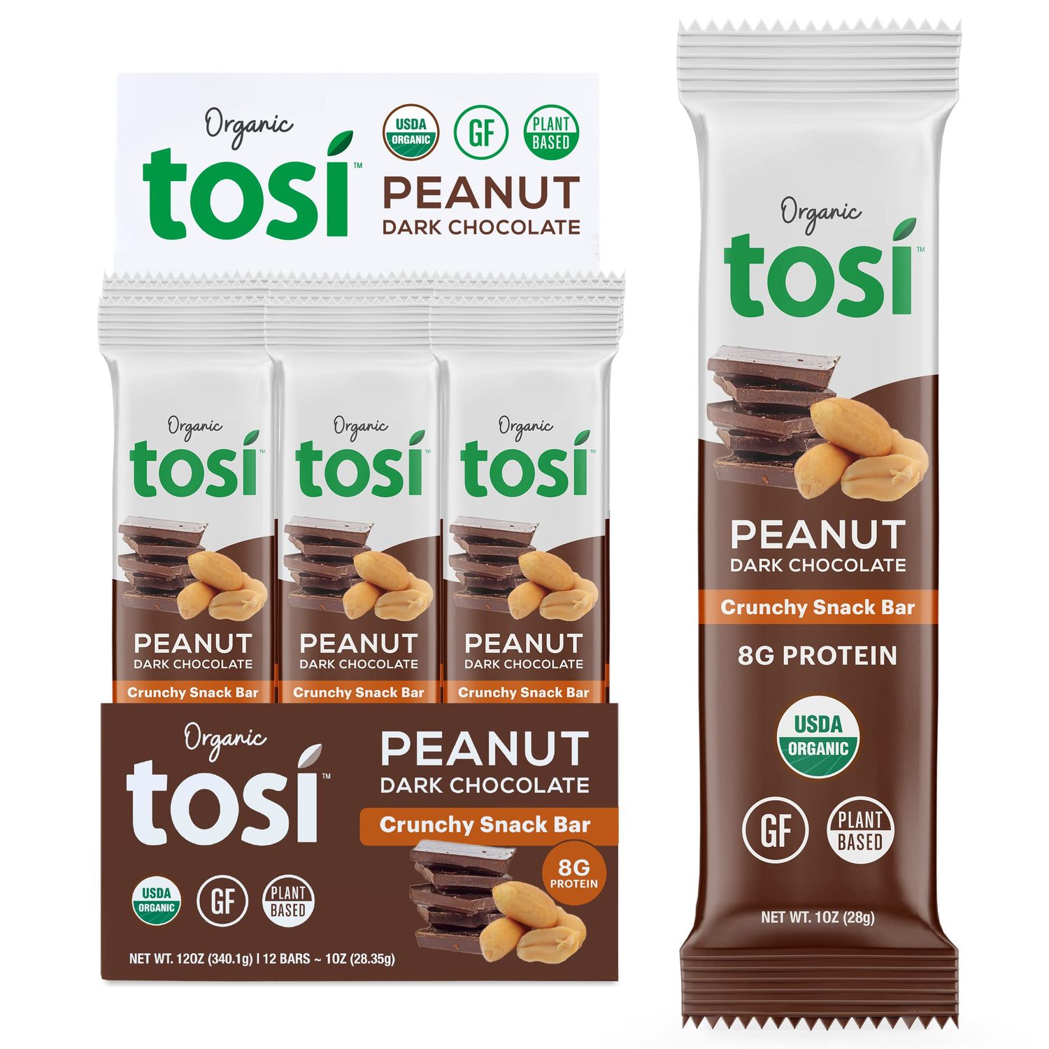 Tosi Dark Chocolate Peanut Butter Protein Bars, Plant Based with Nuts, Gluten-Free Crunchy Snacks, Vegan, Organic, Flax &amp; Chia Seeds, Soy-Free, Omega 3s, 8G Protein, 1 oz, 12-Pack