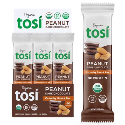 Tosi Dark Chocolate Peanut Butter Protein Bars, Plant Based with Nuts, Gluten-Free Crunchy Snacks, Vegan, Organic, Flax &amp; Chia Seeds, Soy-Free, Omega 3s, 8G Protein, 1 oz, 12-Pack