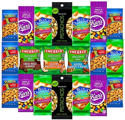 Healthy Snacks Care Package Grab And Go Variety Nuts Pack (20 Count) Include Wonderful Pistachios, Emerald Nuts, Almonds, Planters Peanuts , Blue Diamoond Almonds, Kars Nuts &amp; More