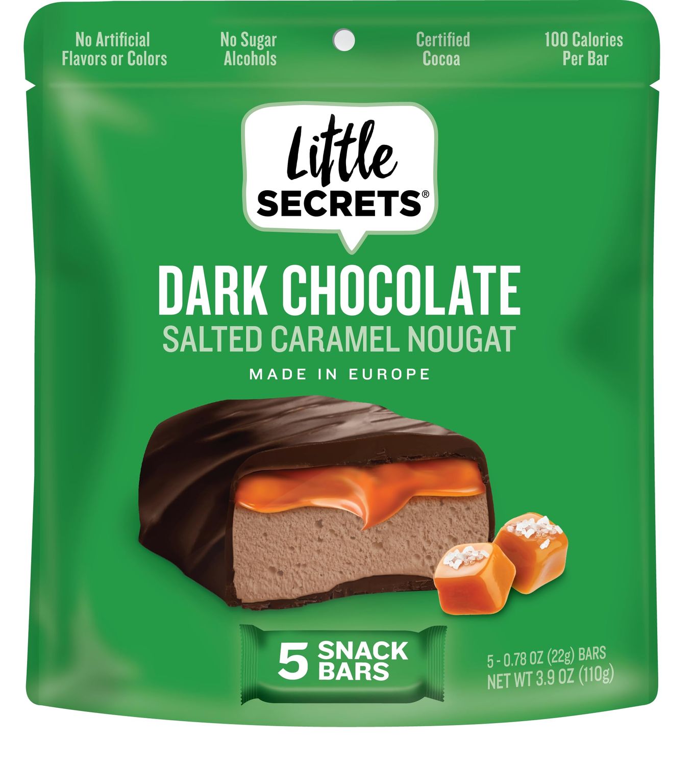 Little Secrets Dark Chocolate Caramel Nougat Bars | 5 Snack Bars | Made in Europe | Nothing Artificial &amp; No Sugar Alcohols | Sustainable Cocoa | 3.9 Ounce, Pack of 1