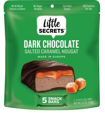 Little Secrets Dark Chocolate Caramel Nougat Bars | 5 Snack Bars | Made in Europe | Nothing Artificial &amp; No Sugar Alcohols | Sustainable Cocoa | 3.9 Ounce, Pack of 1