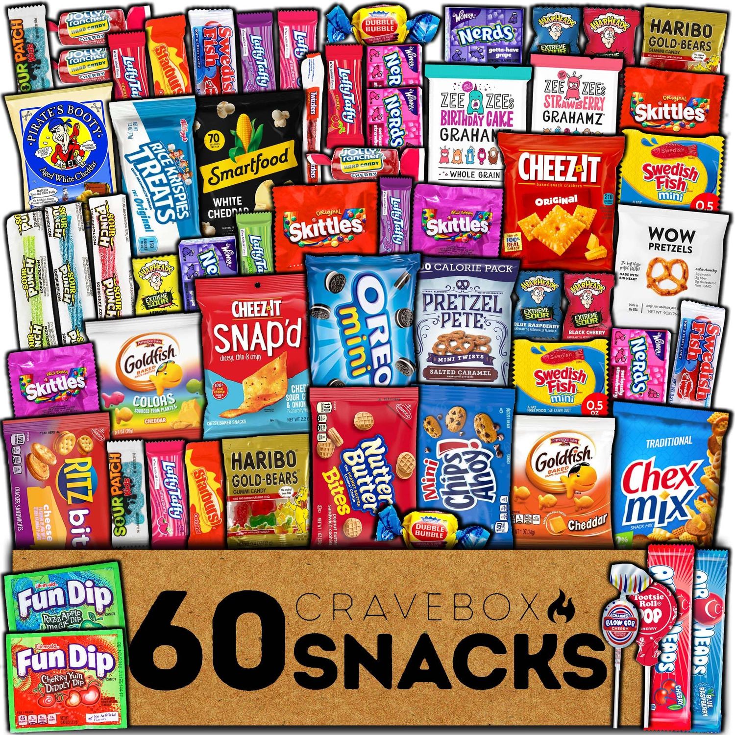 CRAVEBOX Snack Box (60 Count) Valentines Day Pack Care Package Gift Basket Adult Kid Guy Girl Women Men Birthday College Student Office Back to School