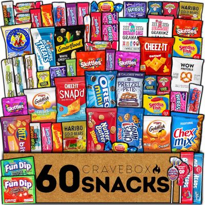 CRAVEBOX Snack Box (60 Count) Valentines Day Pack Care Package Gift Basket Adult Kid Guy Girl Women Men Birthday College Student Office Back to School