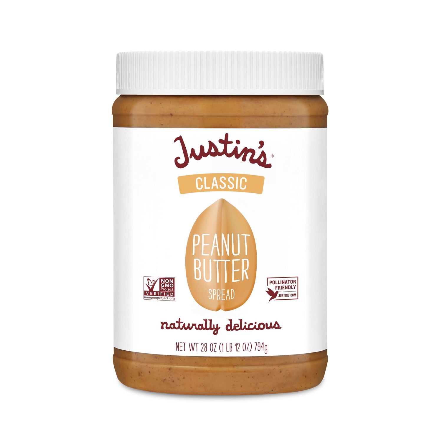 Justin&#39;s Classic Peanut Butter Creamy Spread, No Stir, Gluten-Free, 28 Ounce Jar, 1 Pack