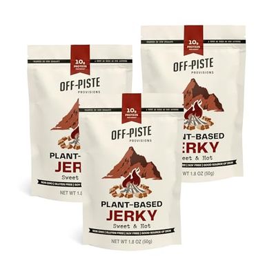 Off-Piste Sweet n Hot Plant-Based Jerky, 1.8oz., Pack of 3 - High Protein Healthy Snacks Vegan Jerky for Recovery, School, Office, 23g Protein Vegan Snack, Low Carb, Gluten Free, Non-GMO &amp; Soy Free
