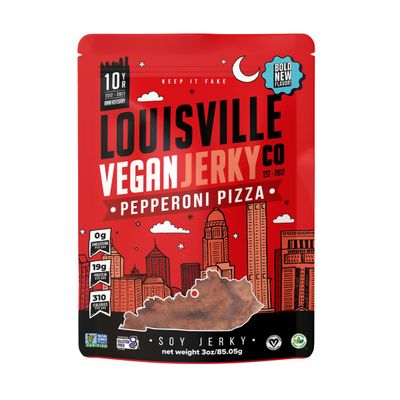 Louisville Vegan Jerky - Pepperoni Pizza Vegan and Vegetarian Friendly Meat - Lip-Smacking Jerky - Gluten-Free High Protein Vegan Snacks 19 grams of Non-GMO Soy Protein, 310 Calories Per Bag