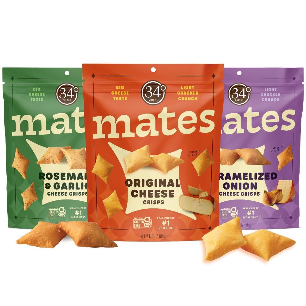 34 Degrees Mates Cheese Crisps Variety Pack - Original, Caramelized Onion, Rosemary Garlic | Light &amp; Crunchy Gluten-Free, Low Calorie, Healthy Snacks for Adults &amp; Kids - 3 Pack