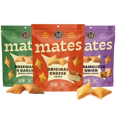 34 Degrees Mates Cheese Crisps Variety Pack - Original, Caramelized Onion, Rosemary Garlic | Light &amp; Crunchy Gluten-Free, Low Calorie, Healthy Snacks for Adults &amp; Kids - 3 Pack