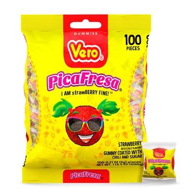 Vero PicaFresa - Strawberry Flavored Chewy Gummy Candy Treats - 100 Piece - (1 LB, 5.15 Ounces Each) - Individually Wrapped Mexican Candy Perfect for PiÃƒÂ±atas, Halloween, and More