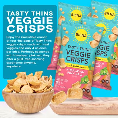 BIENA Tasty Thins Veggie Crisps - Low Calorie Veggie Chips for Adults and Kids - 4-Pack, 4 Ounce Bags - Himalayan Pink Salt