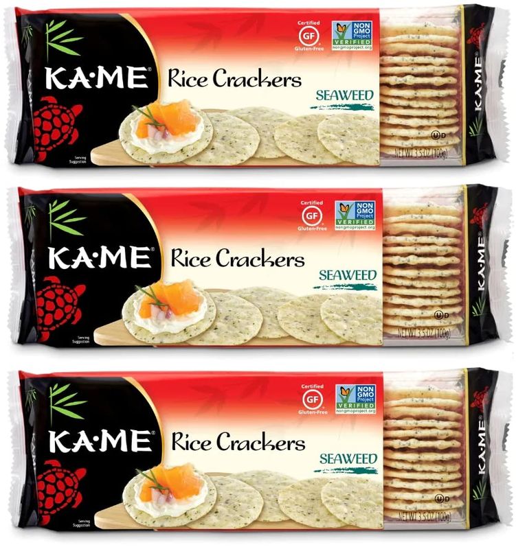 KA-ME Seaweed Rice Crackers 3.5 oz, Authentic Asian Ingredients, Certified Gluten-Free, No Artificial FlavorsColors, Non GMO - (3 Pack)