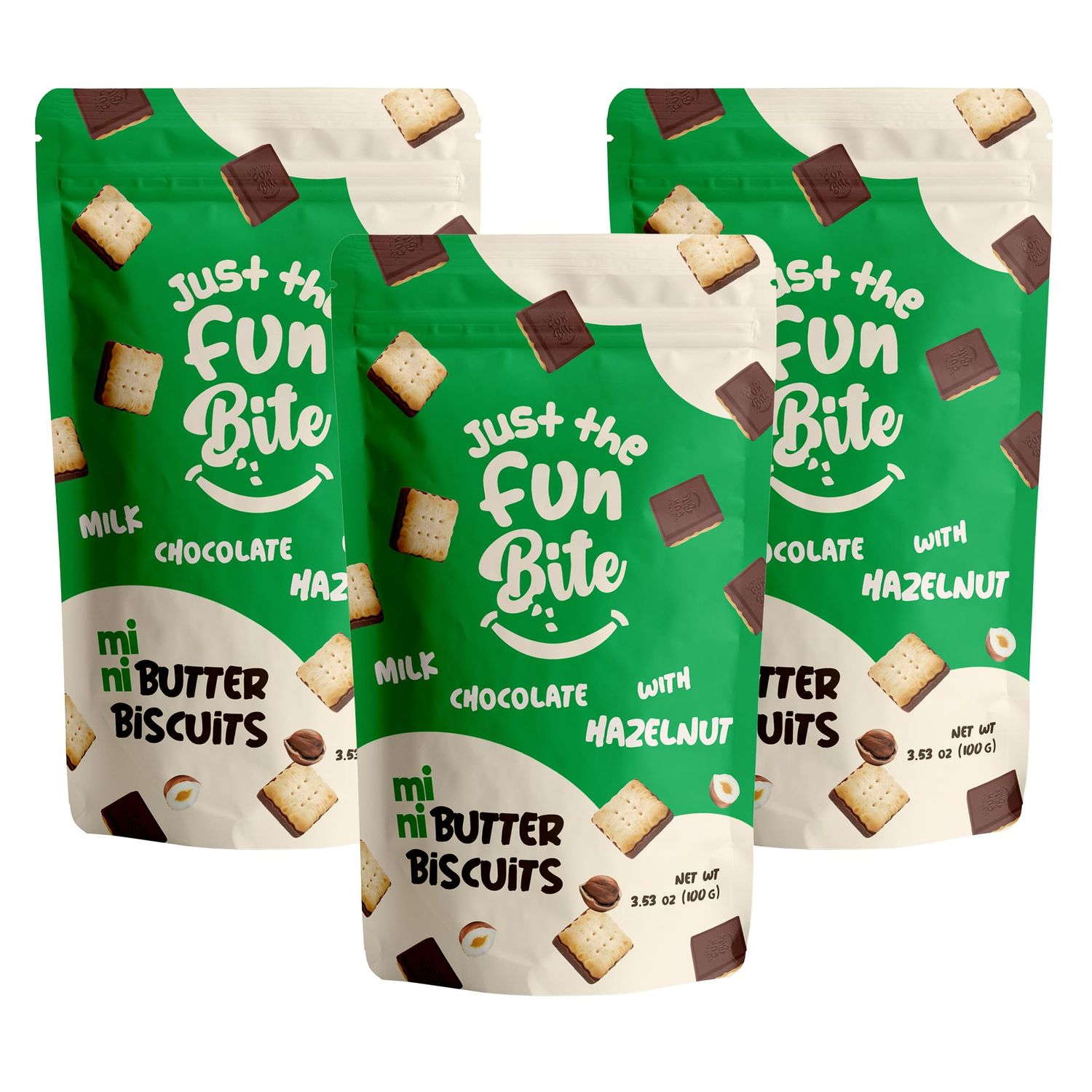Just The Fun Bite Mini Butter Biscuits Bites | Resealable Bag, 3.53 oz (Pack of 3) (Milk Chocolate with Hazelnut)