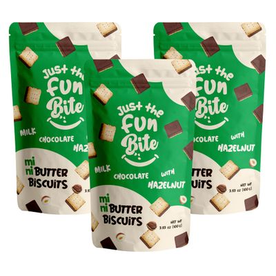 Just The Fun Bite Mini Butter Biscuits Bites | Resealable Bag, 3.53 oz (Pack of 3) (Milk Chocolate with Hazelnut)