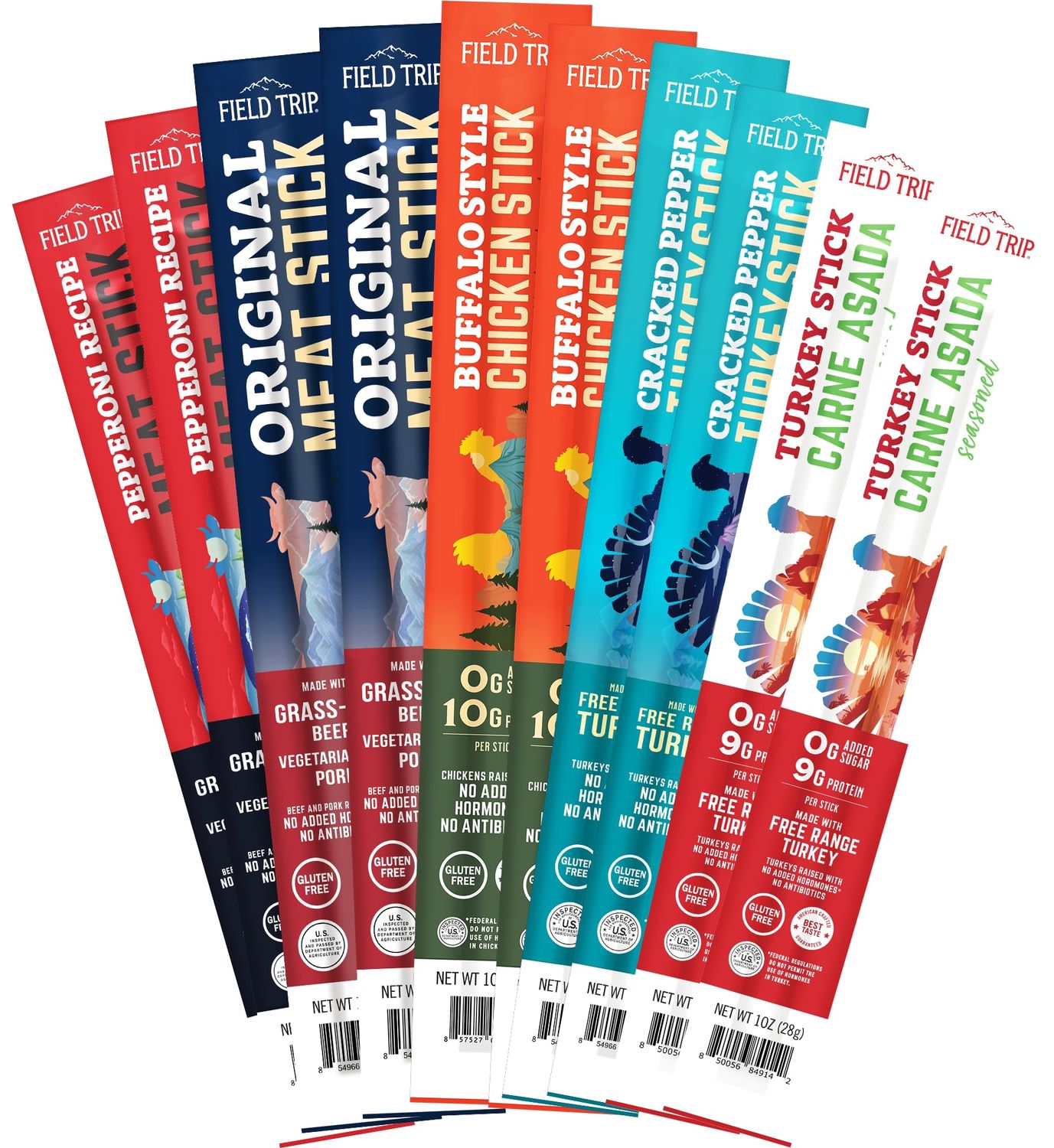 Field Trip Grass Fed and Free Range Variety Jerky Snack Sticks, Keto, Paleo, Gluten Free, Allergy Friendly Snack, High Protein, 90 and 100 Calorie Snack, 1oz, 10 Pack