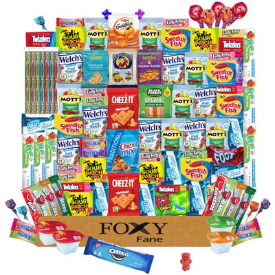 Foxy Fane 100-Count Snack Box - Unbox 100 Delicious Snacks Cheerful Variety of Crackers, Cookies, Candy &amp; Chips - Perfect Holiday Gift for Kids &amp; Teens for Thanksgiving, Christmas &amp; New Years
