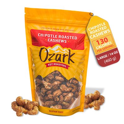 OZARK NUT ROASTERS, Chipotle Roasted Cashews wSpicy Kick, Flavored Snack Nuts, World-Class Gourmet Candied Peanuts, Resealable Pack (14.0 oz)