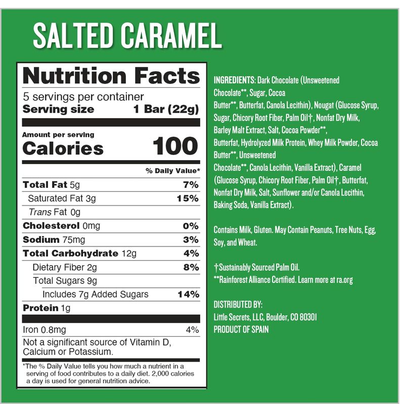 Little Secrets Dark Chocolate Caramel Nougat Bars | 5 Snack Bars | Made in Europe | Nothing Artificial &amp; No Sugar Alcohols | Sustainable Cocoa | 3.9 Ounce, Pack of 1