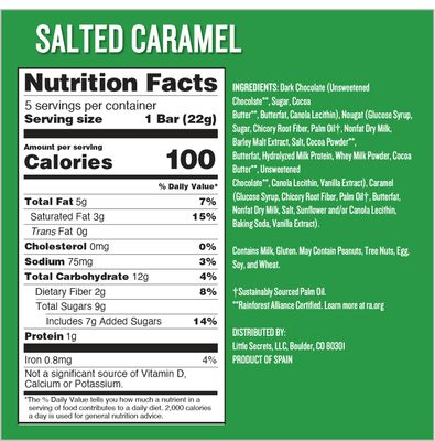 Little Secrets Dark Chocolate Caramel Nougat Bars | 5 Snack Bars | Made in Europe | Nothing Artificial &amp; No Sugar Alcohols | Sustainable Cocoa | 3.9 Ounce, Pack of 1