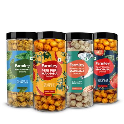 Farmley Makhana Gluten Free Roasted &amp; Flavoured Puffs Fox Nut Water Lily Pops Popped Lotus Seed Pack of 4 90g each (Peri-Peri, Salted, Mint, Tangy Tomato) Daily Nutritious Snack 12.70 Ounce