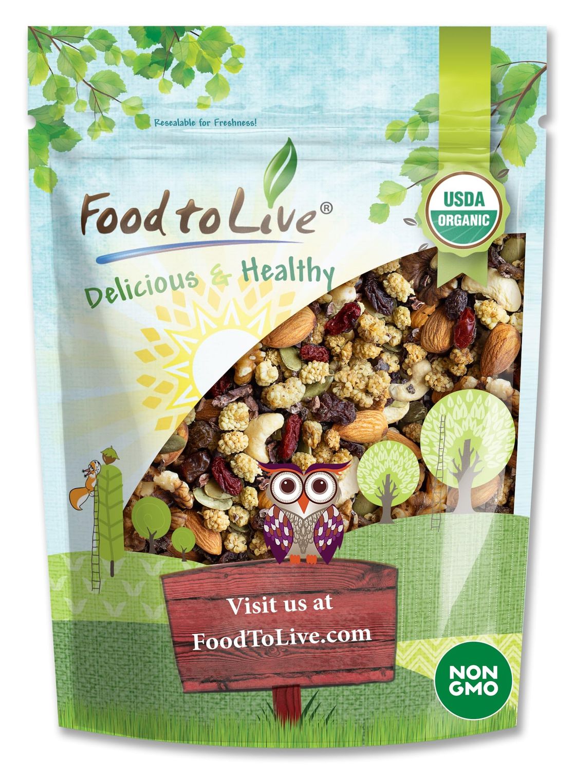 Food to Live Organic Raw Munchies Snack Mix, 8 Ounces - Raw and Non-GMO Contains Cacao Nibs, Raisins, Almonds, Cashews, Walnuts, Goji Berries, Mulberries, Pumpkin Seeds. Vegan Superfood, Kosher