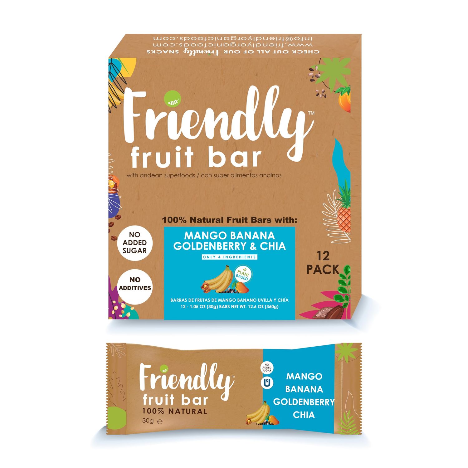 Friendly Fruit Bar | Banana, Mango, Goldenberry, and Chia | (12 pack);1.05 ounces | Healthy Natural Snack, Energetic, Plant Based, Non - GMO, Vegan, No Added Sugar, Kosher, Gluten Free.