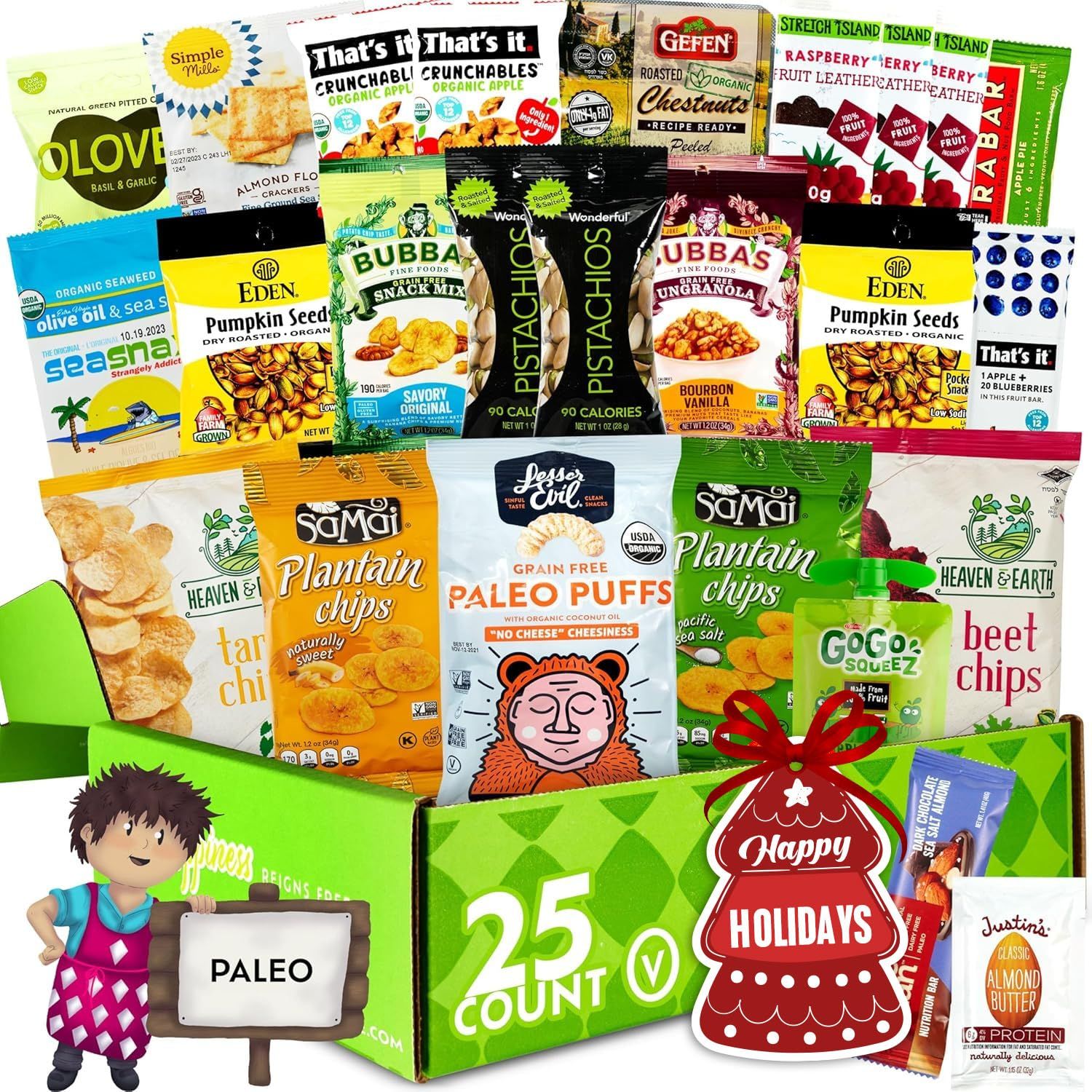 Gluten Free Palace Paleo Snacks Variety Pack for Adult - Healthy Snack Box - Holiday Gift Basket Gluten Free - Mix of Whole Foods, Protein Bars, Crackers, Chips, Puffs, Fruit &amp; Nuts (25 Count)