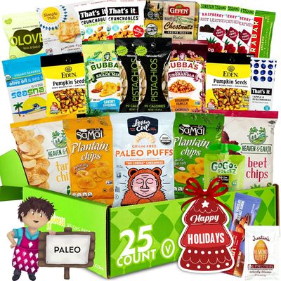 Gluten Free Palace Paleo Snacks Variety Pack for Adult - Healthy Snack Box - Holiday Gift Basket Gluten Free - Mix of Whole Foods, Protein Bars, Crackers, Chips, Puffs, Fruit &amp; Nuts (25 Count)