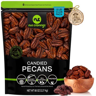 NUT CRAVINGS - Candied Pecans Honey Glazed Praline, No Shell (80oz - 5 LB) Bulk Nuts Packed Fresh in Resealable Bag - Healthy Protein Food Snack, All Natural, Keto Friendly, Vegan, Kosher