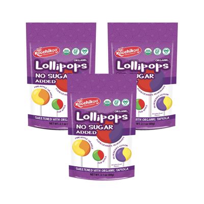 Koochikoo Organic &amp; Sugar Free Lollipops Pouch, Assorted Fruit Flavors, No Sugar Added, Gluten Free &amp; Vegan (10 Count (Pack of 3))