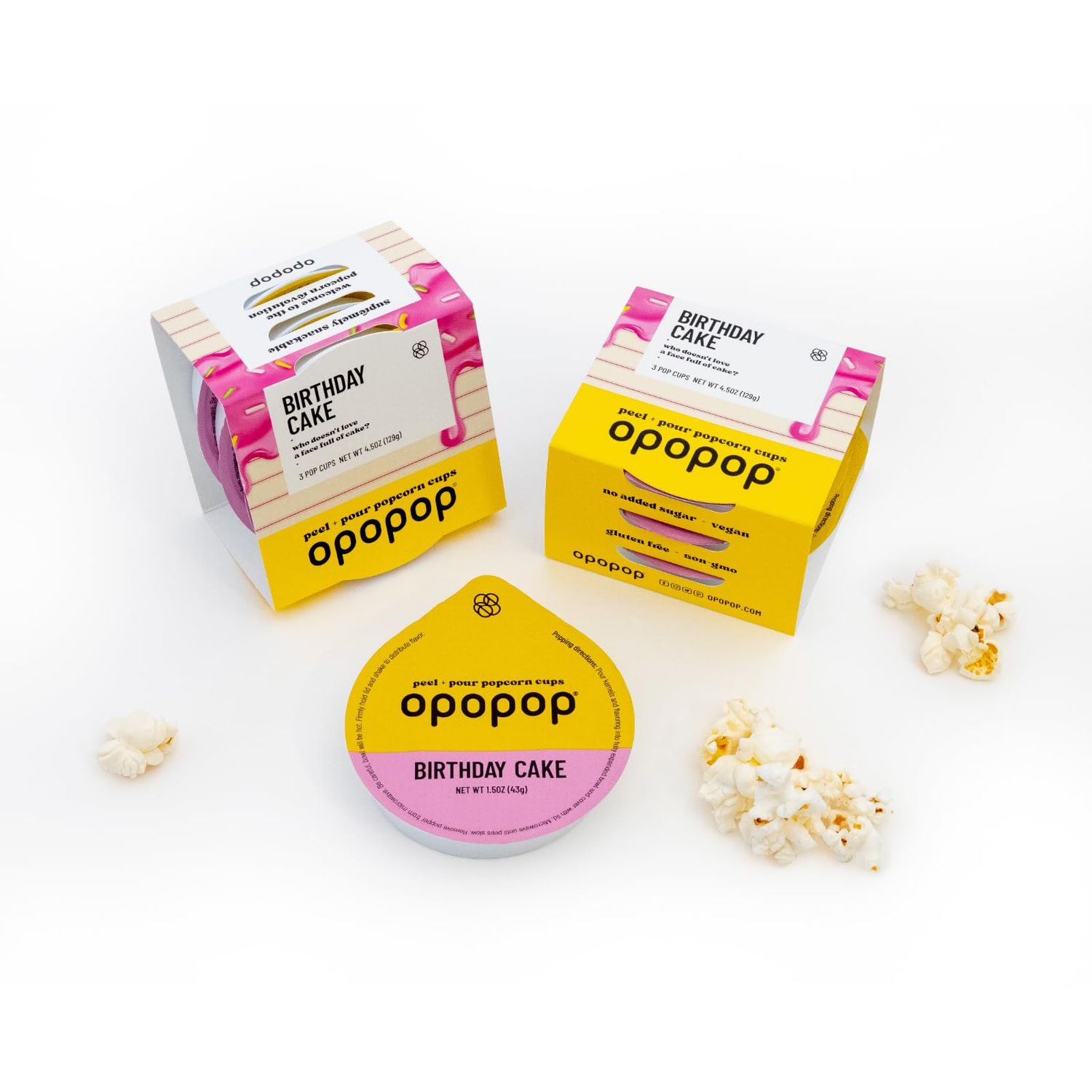 Opopop Microwave Popcorn - Pop Cups Birthday Cake 6-Pack, Non-GMO Gourmet Popcorn Kernels &amp; Popcorn Flavoring, Gluten Free Snacks, Easy to Make and No Mess