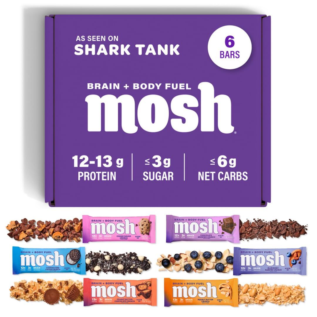 MOSH Variety Pack Keto Protein Bars, High Protein and Fiber, Gluten Free, Low Carb, Brain Healthy Snack with Ashwagandha, Lion&#39;s Mane, 6 Count