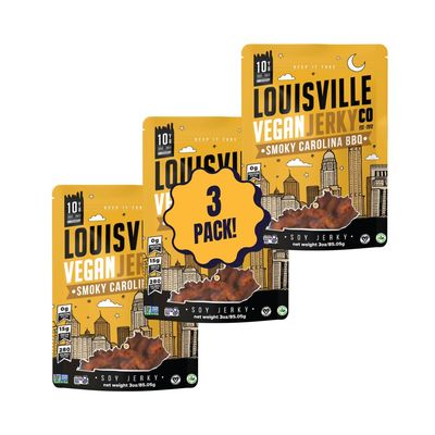 Louisville Vegan Jerky - Sweet &amp; Smoky Carolina Mustard BBQ Vegan Meat - Lip-Smacking Vegan-Friendly &amp; Vegetarian Jerky - Non-GMO Soy Protein, Gluten-Free High Protein Vegan Snacks - 3 oz, 3 Pack