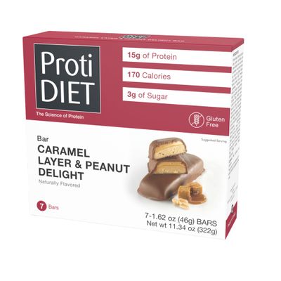 ProtiDIET Caramel Layer and Peanut Delight Protein Bars - 15g Protein - Delicious Gluten Free Bars and Great Snacks for Adults with Collagen - 7 High Protein Bars Per Box