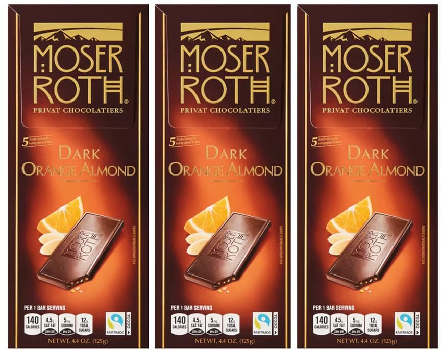 Orange Almond Nut Dark German European Chocolate Bar, 4.40 oz, Roth Moser Gift Giving Snack Treat, Individually Wrapped Mini Squares, 3 Pack