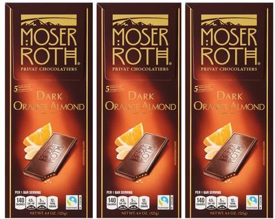 Orange Almond Nut Dark German European Chocolate Bar, 4.40 oz, Roth Moser Gift Giving Snack Treat, Individually Wrapped Mini Squares, 3 Pack