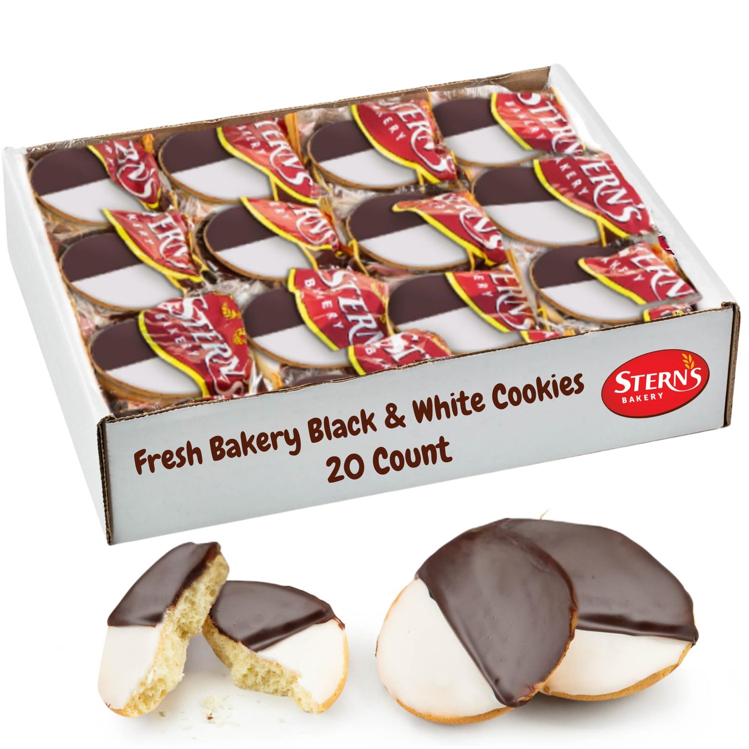 Black and White Cookies | 20 Gourmet Cookies Individually Wrapped | NY Style Black &amp; White Cookies | Easter Food Gift Baskets | Snack Cakes | Kosher, Dairy &amp; Nut Free | Sterns Bakery