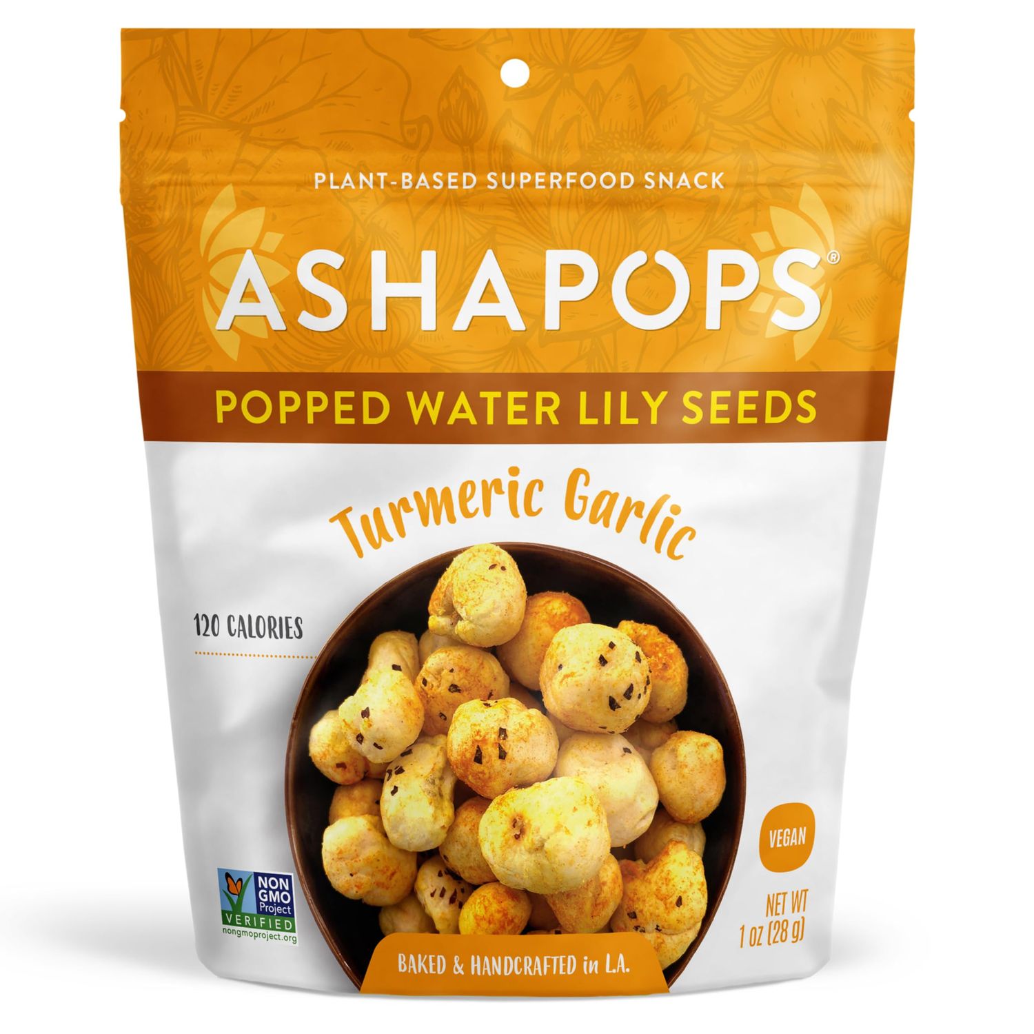 AshaPops Turmeric Garlic Flavored Popped Water Lily Seeds, 1 oz (Pack of 1) - Gluten-Free, Vegan, Paleo, Soy-Free, Non-GMO, Plant-Based Crunchy Snack