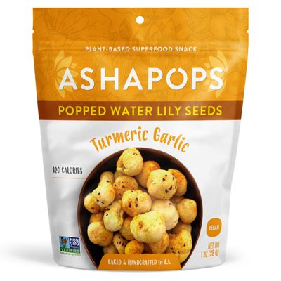 AshaPops Turmeric Garlic Flavored Popped Water Lily Seeds, 1 oz (Pack of 1) - Gluten-Free, Vegan, Paleo, Soy-Free, Non-GMO, Plant-Based Crunchy Snack