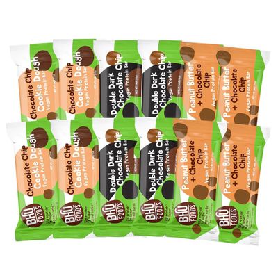 BHU Foods Fit Vegan Protein Bars - Variety Pack | Organic Keto Snacks for Adults | Plant Based, Low Carb, Low Sugar | Individually Wrapped Dark Chocolate, Chocolate Chip &amp; Peanut Butter (12 Bars)